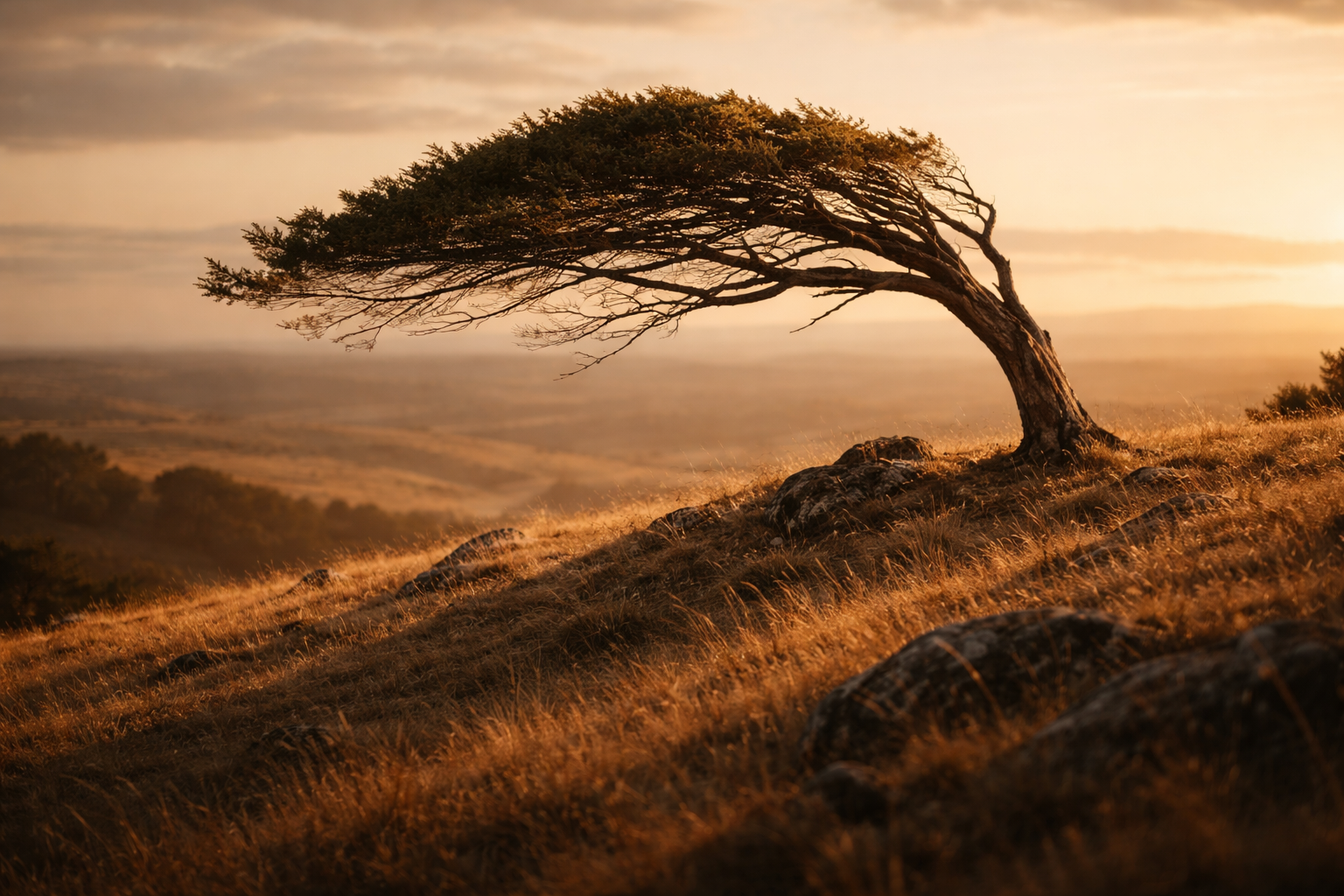 A lone, weathered tree stands on a windswept hilltop at golden hour, its bent but unbroken branches reaching sideways in the wind. Warm amber light casts long shadows across dry grass and scattered rocks, with the distant landscape softly blurred in the background.